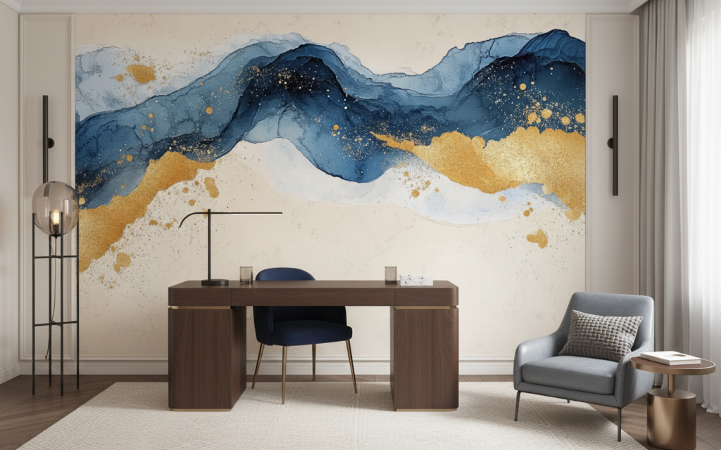 Papier peint abstrait montagnes fluides bleu doré moderne - Bureau