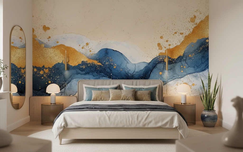Papier peint abstrait montagnes fluides bleu doré moderne - Chambre adulte