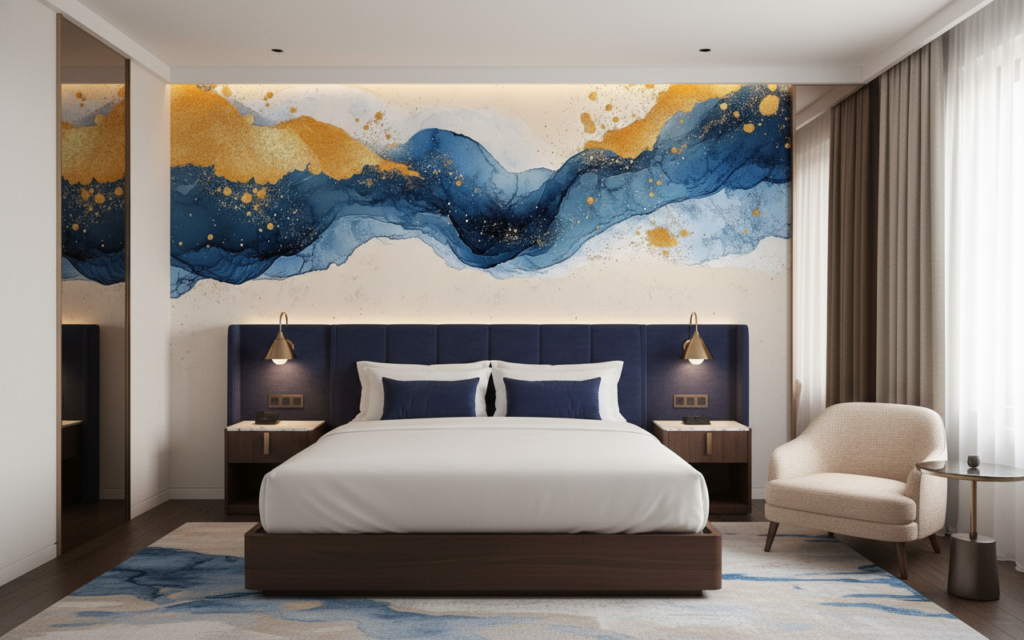 Papier peint abstrait montagnes fluides bleu doré moderne - Hôtel