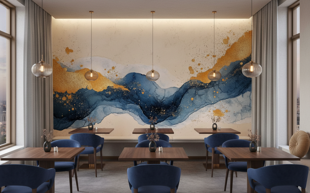 Papier peint abstrait montagnes fluides bleu doré moderne - Restaurant