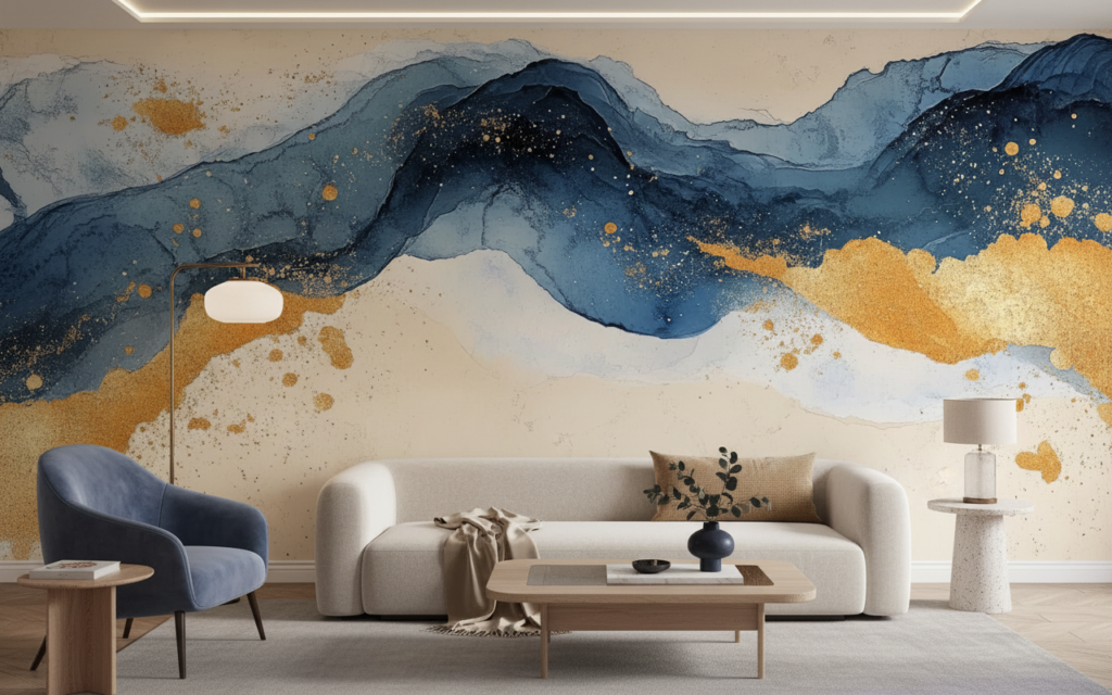 Papier peint abstrait montagnes fluides bleu doré moderne - Salon / Séjour