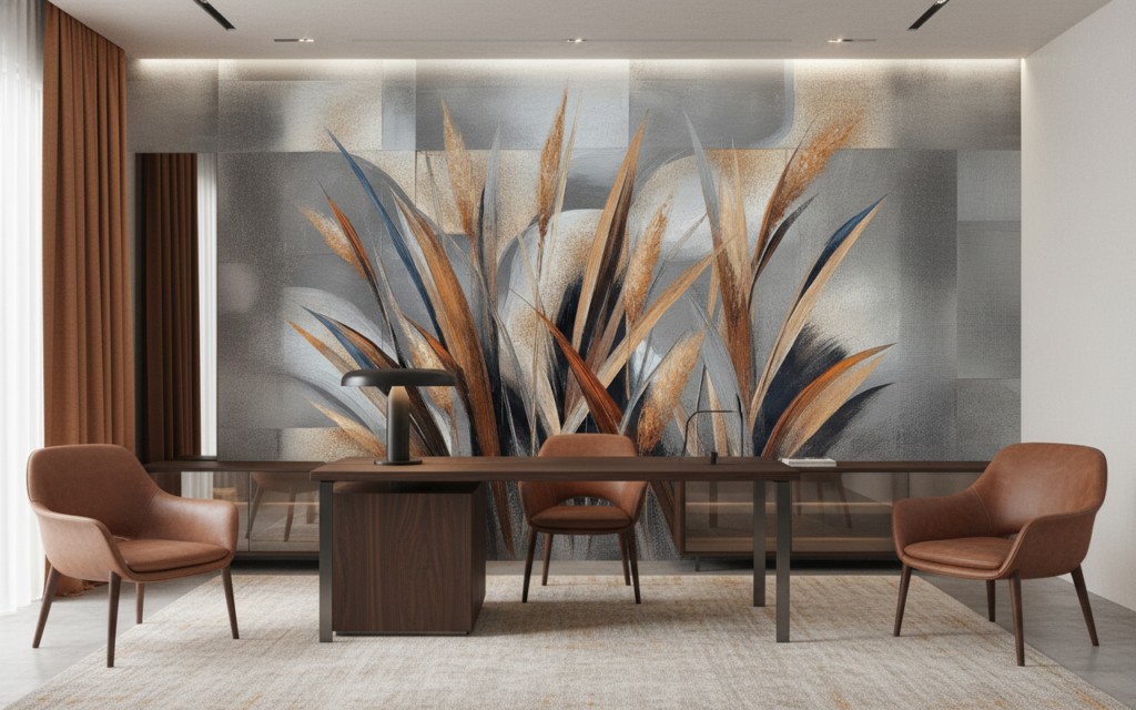 Papier peint abstrait motifs géométriques et herbes stylisées contemporain - Bureau