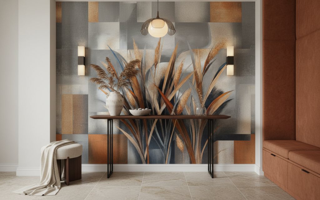 Papier peint abstrait motifs géométriques et herbes stylisées contemporain - Entrée