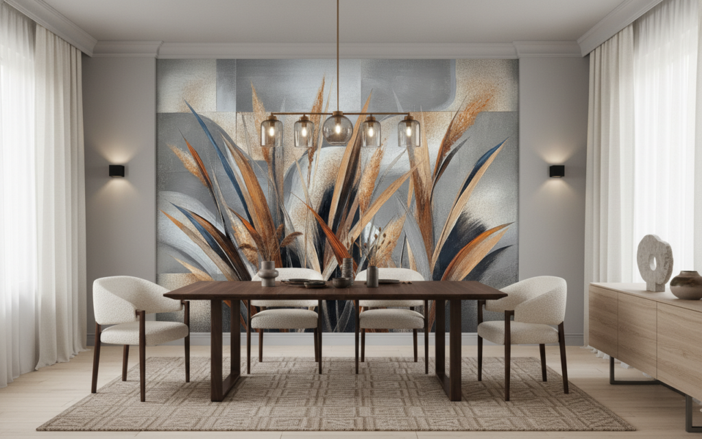 Papier peint abstrait motifs géométriques et herbes stylisées contemporain - Salle à manger