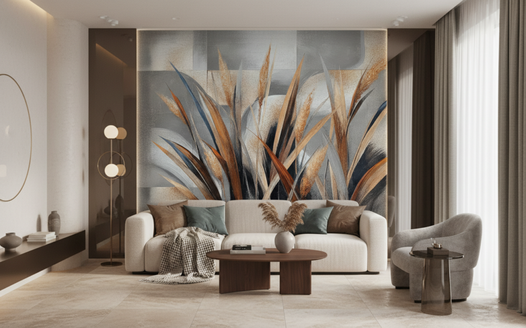 Papier peint abstrait motifs géométriques et herbes stylisées contemporain - Salon / Séjour