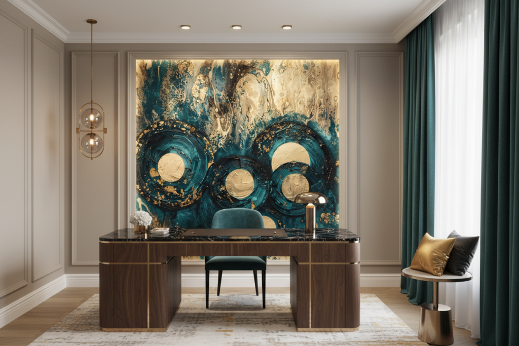 Papier Peint Abstrait Océan Doré Cercles Tourbillons Luxueux - Bureau