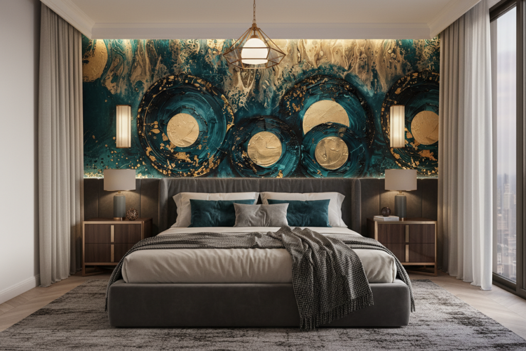 Papier Peint Abstrait Océan Doré Cercles Tourbillons Luxueux - Chambre adulte