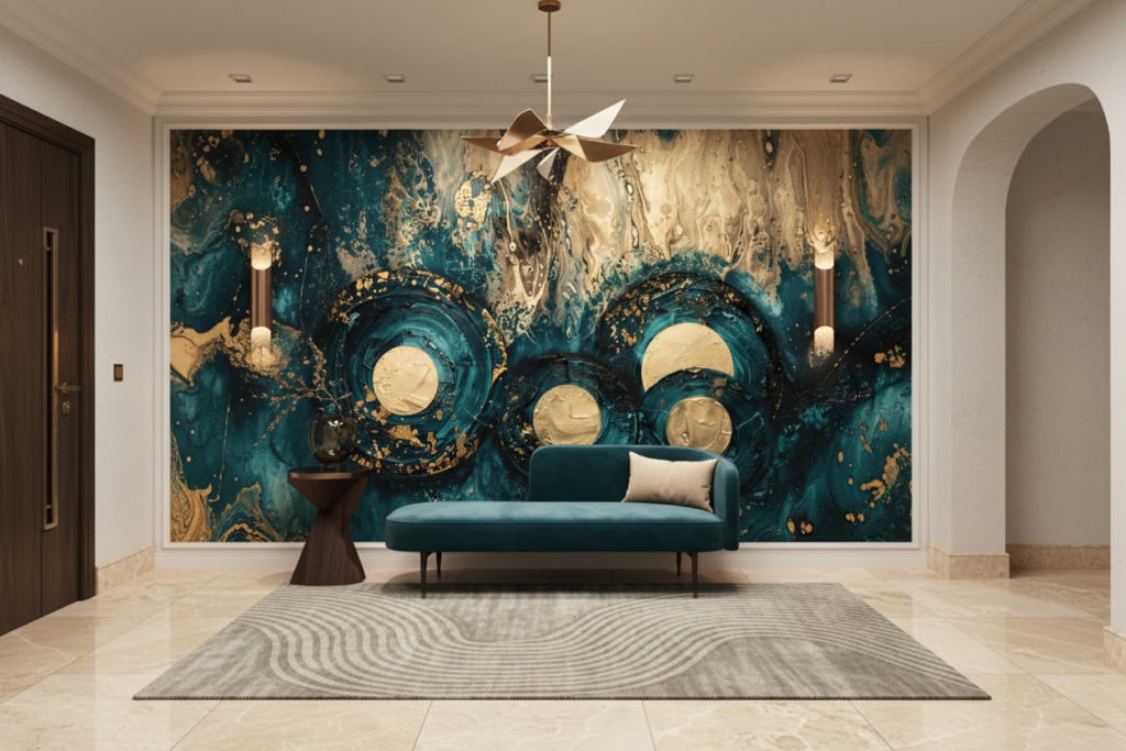 Papier Peint Abstrait Océan Doré Cercles Tourbillons Luxueux - Entrée