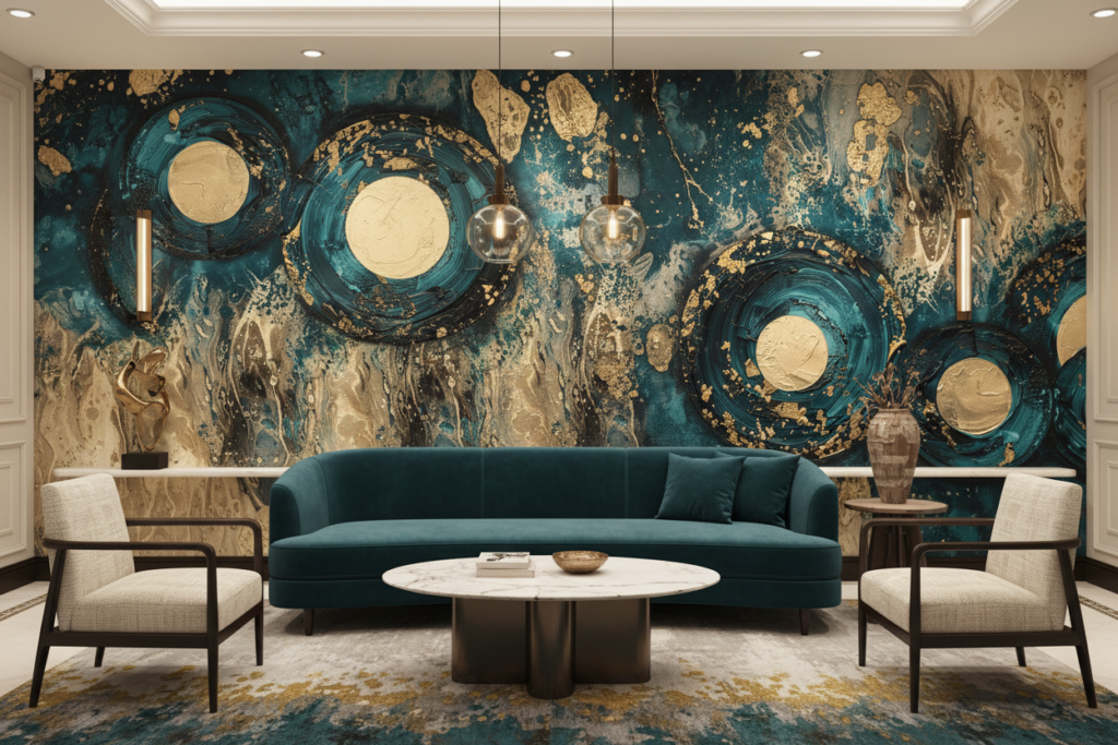 Papier Peint Abstrait Océan Doré Cercles Tourbillons Luxueux - Hôtel