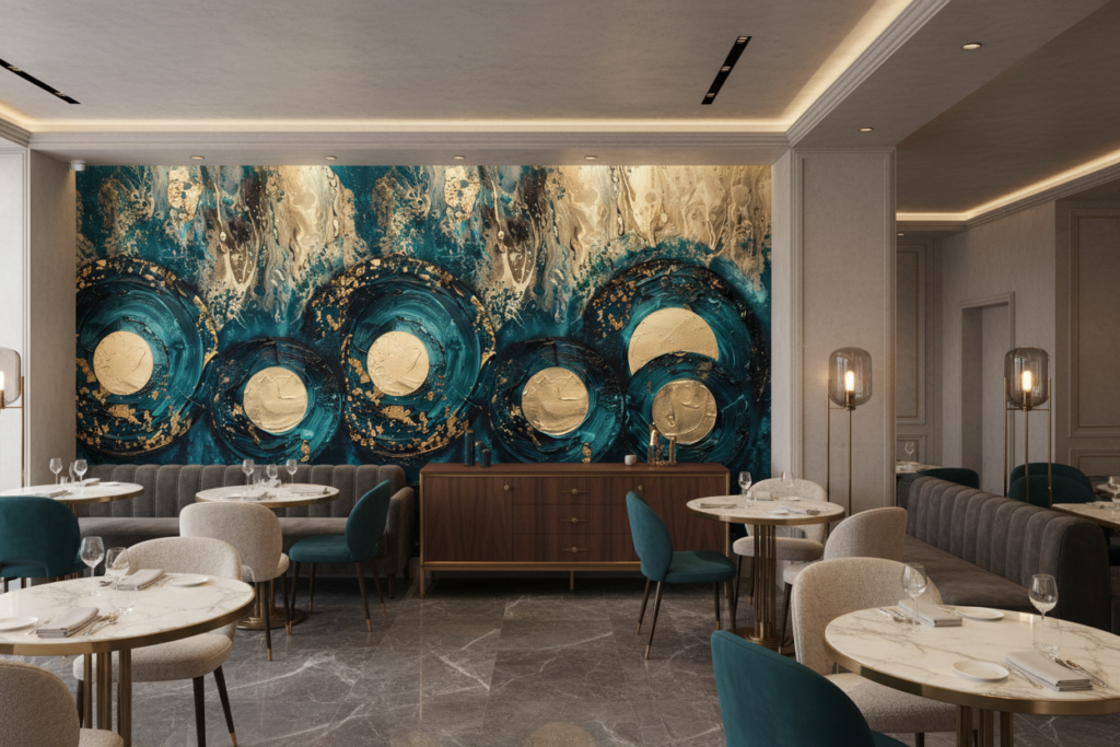 Papier Peint Abstrait Océan Doré Cercles Tourbillons Luxueux - Restaurant