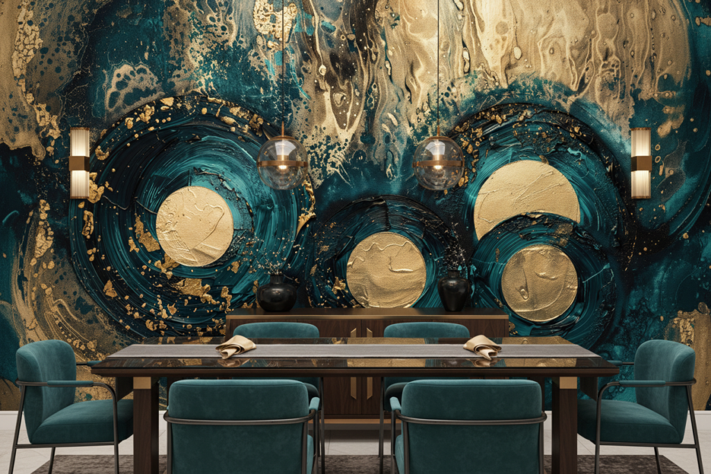 Papier Peint Abstrait Océan Doré Cercles Tourbillons Luxueux - Salle à manger