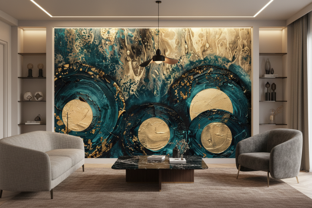 Papier Peint Abstrait Océan Doré Cercles Tourbillons Luxueux - Salon / Séjour