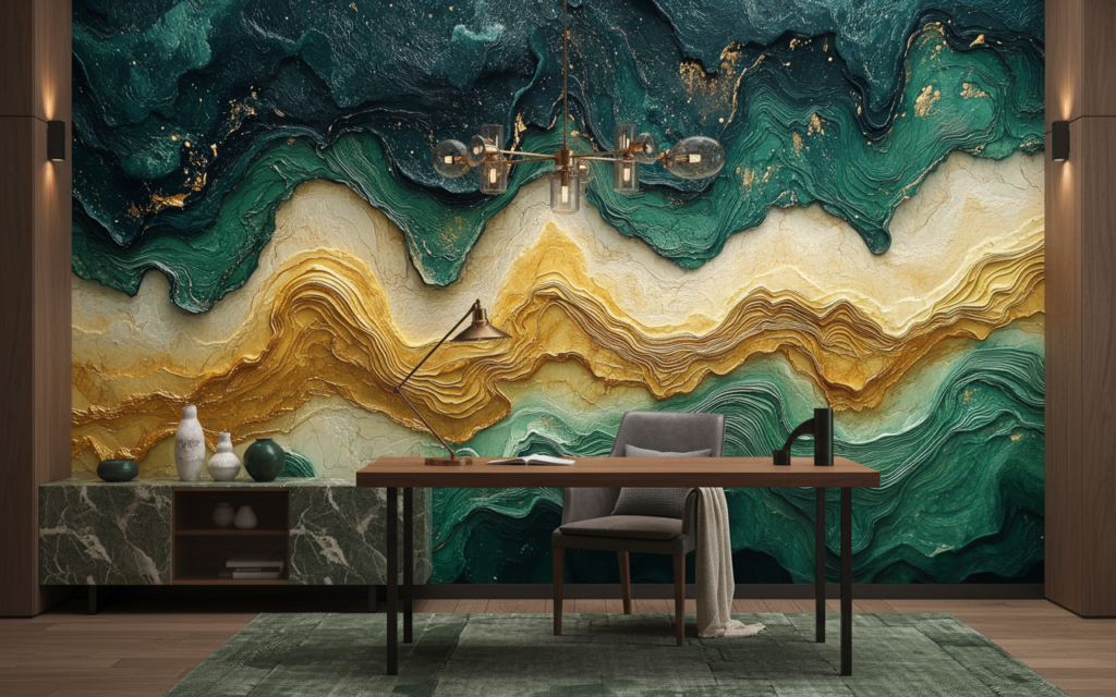 Papier Peint Abstrait Océan et Or Texture Relief - Bureau