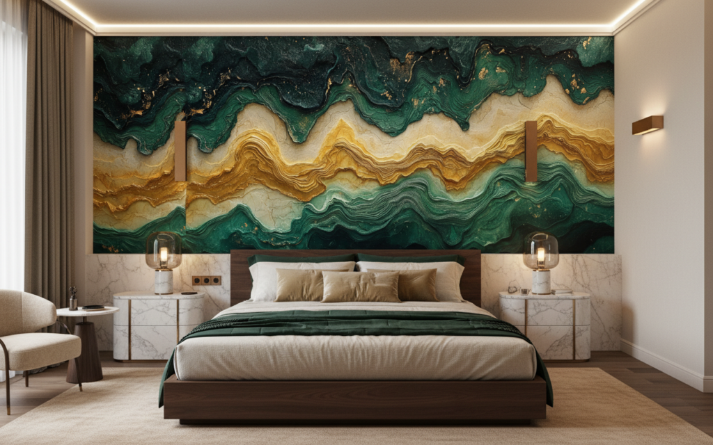 Papier Peint Abstrait Océan et Or Texture Relief - Chambre adulte