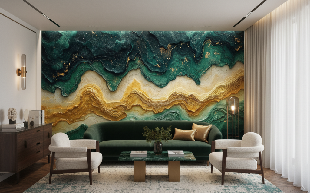 Papier Peint Abstrait Océan et Or Texture Relief - Hôtel