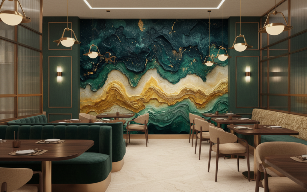 Papier Peint Abstrait Océan et Or Texture Relief - Restaurant