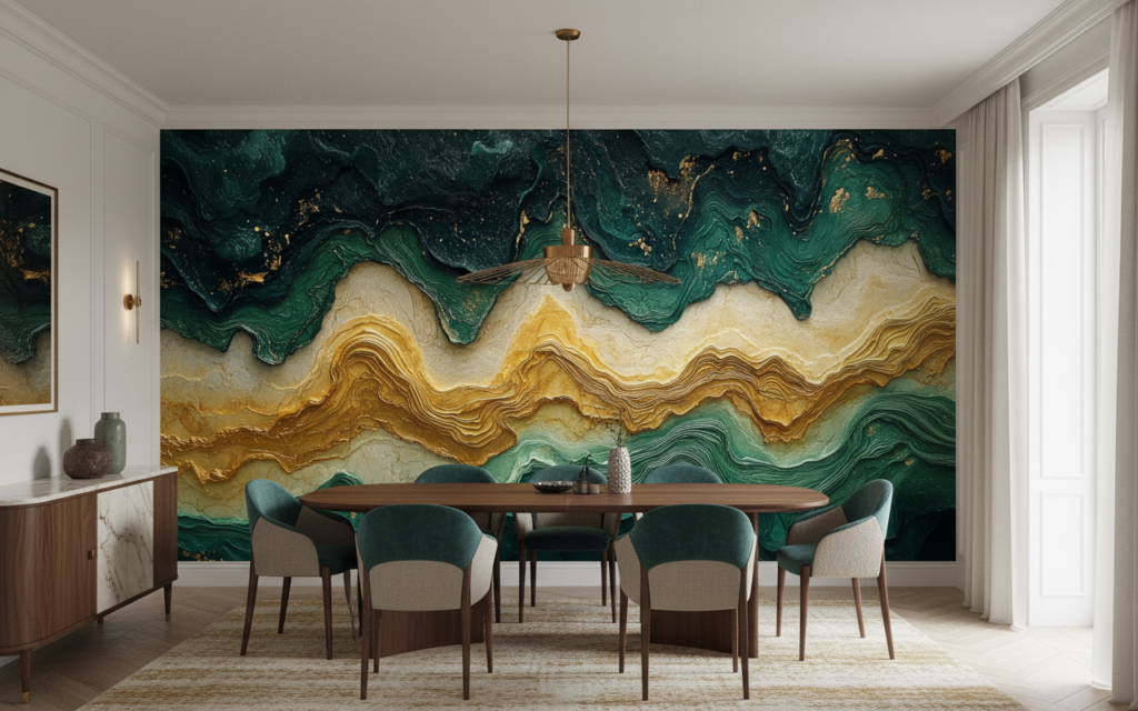 Papier Peint Abstrait Océan et Or Texture Relief - Salle à manger