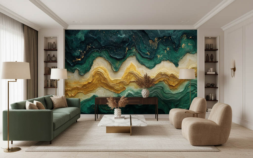 Papier Peint Abstrait Océan et Or Texture Relief - Salon / Séjour