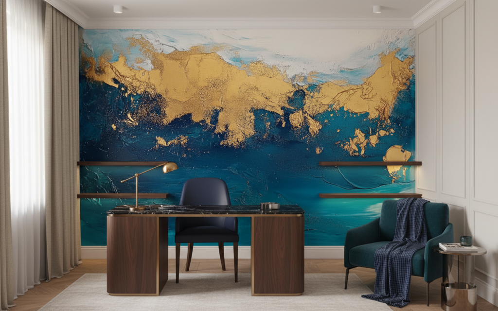 Papier Peint Abstrait Océanique Bleu Doré Artistique Moderne - Bureau