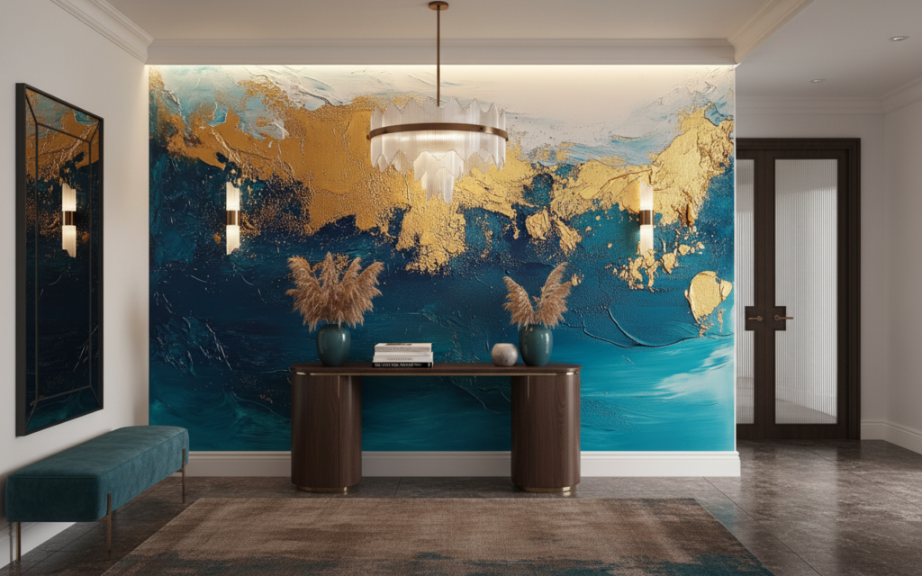 Papier Peint Abstrait Océanique Bleu Doré Artistique Moderne - Entrée
