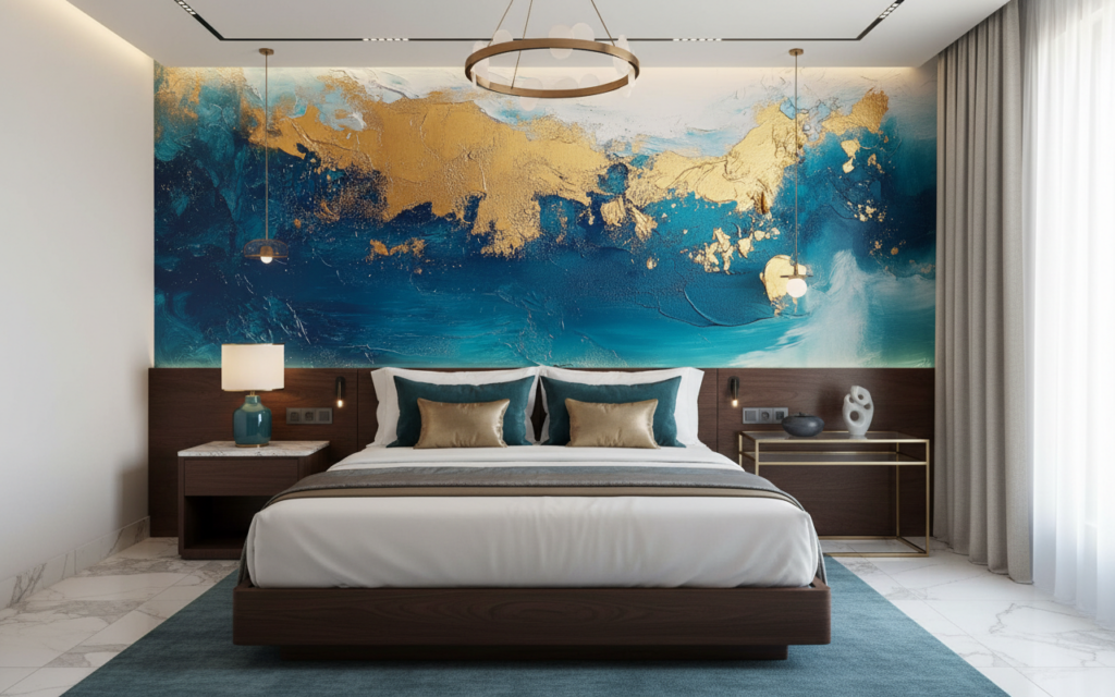 Papier Peint Abstrait Océanique Bleu Doré Artistique Moderne - Hôtel