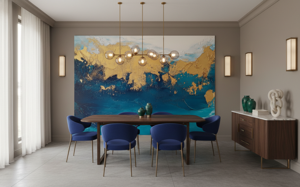 Papier Peint Abstrait Océanique Bleu Doré Artistique Moderne - Salle à manger
