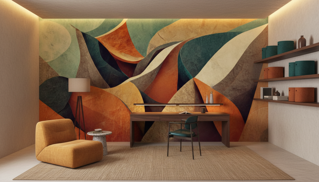 Papier Peint Abstrait Ondulant aux Tons Chauds et Végétaux - Bureau