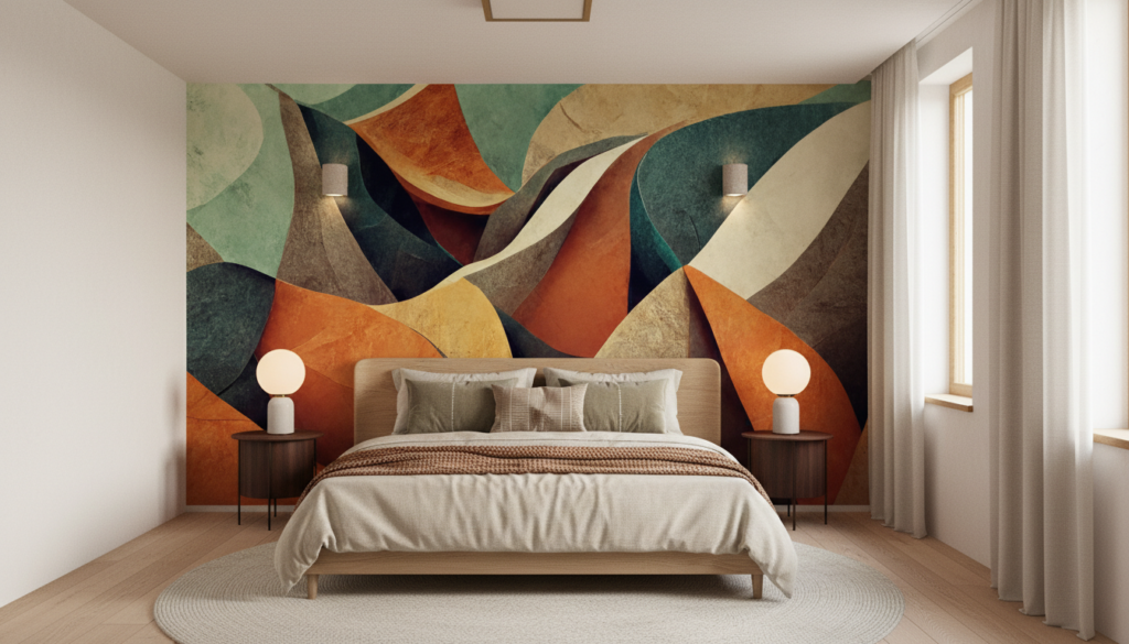 Papier Peint Abstrait Ondulant aux Tons Chauds et Végétaux - Chambre adulte