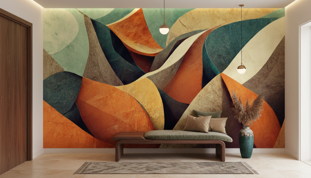 Papier Peint Abstrait Ondulant aux Tons Chauds et Végétaux - Entrée