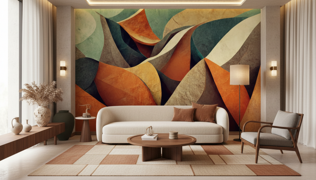 Papier Peint Abstrait Ondulant aux Tons Chauds et Végétaux - Hôtel