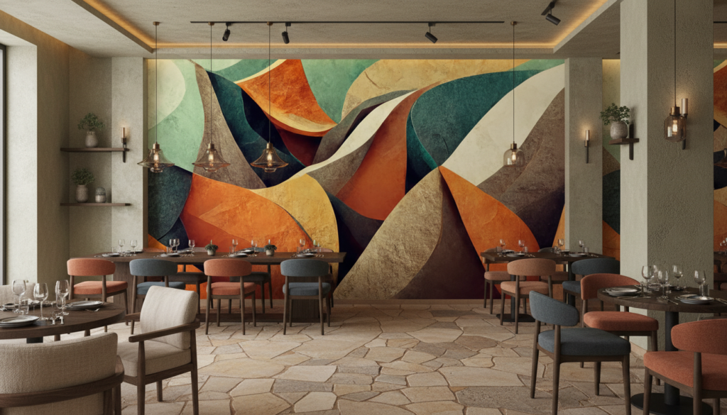 Papier Peint Abstrait Ondulant aux Tons Chauds et Végétaux - Restaurant