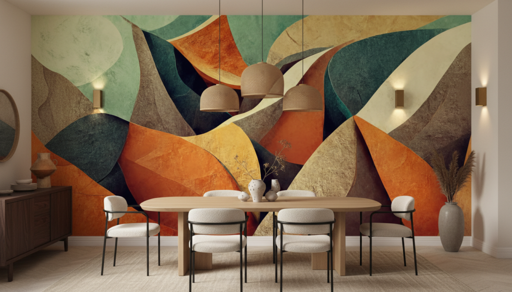 Papier Peint Abstrait Ondulant aux Tons Chauds et Végétaux - Salle à manger