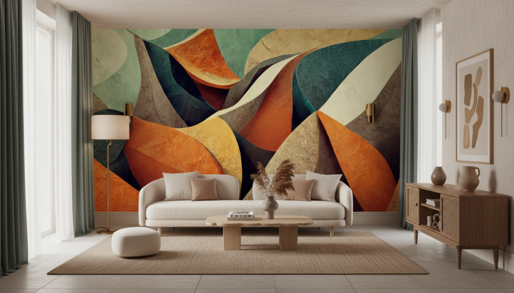 Papier Peint Abstrait Ondulant aux Tons Chauds et Végétaux - Salon / Séjour