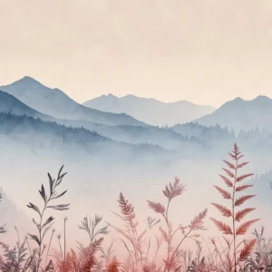 Papier peint panoramique montagnes brumeuses et végétation automnale délicate