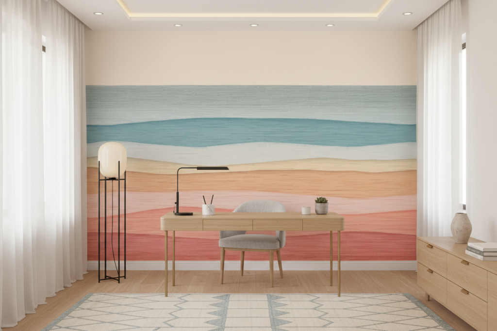 Papier Peint Abstrait Paysage Ondulé Tons Pastel Minimaliste - Bureau