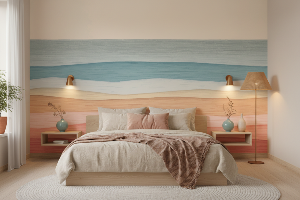 Papier Peint Abstrait Paysage Ondulé Tons Pastel Minimaliste - Chambre adulte