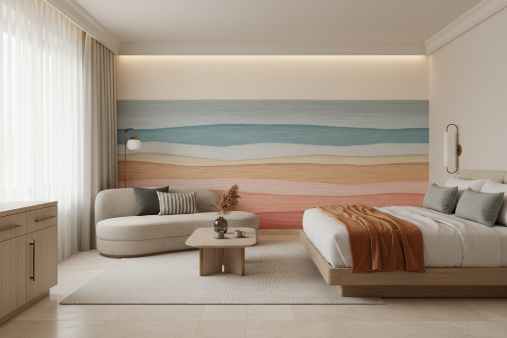 Papier Peint Abstrait Paysage Ondulé Tons Pastel Minimaliste - Hôtel