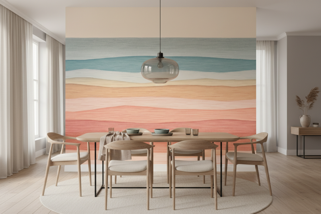 Papier Peint Abstrait Paysage Ondulé Tons Pastel Minimaliste - Salle à manger