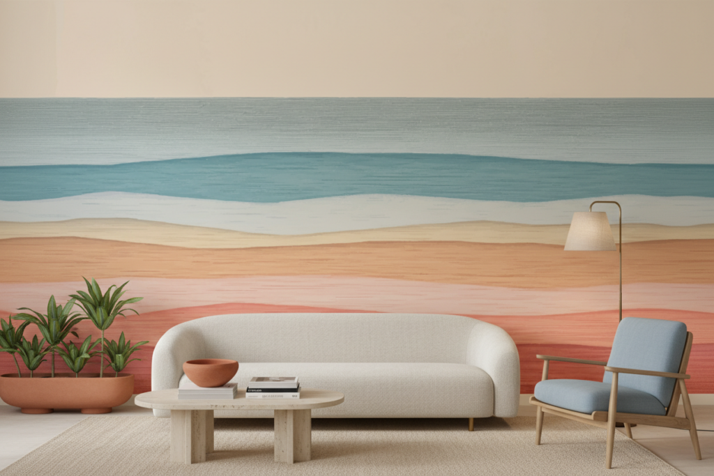 Papier Peint Abstrait Paysage Ondulé Tons Pastel Minimaliste - Salon / Séjour