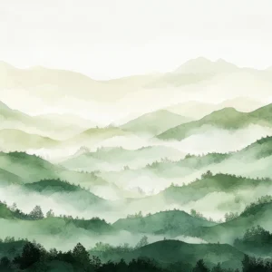 Papier peint panoramique montagnes verdoyantes brume matinale style aquarelle