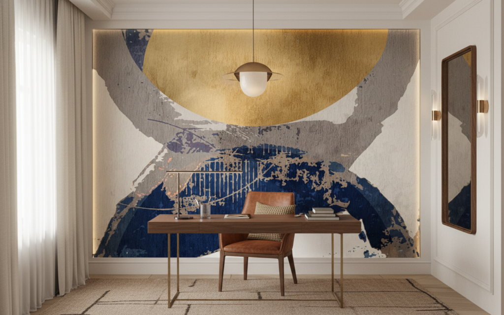 Papier Peint Abstrait Soleil et Vagues en Nuances Dorées et Bleues - Bureau