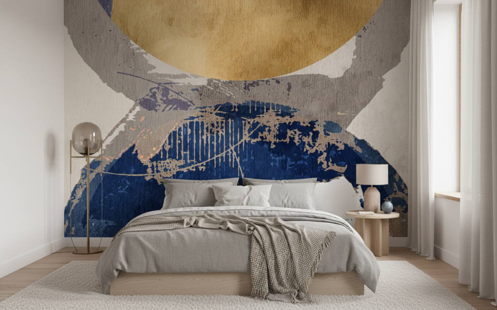 Papier Peint Abstrait Soleil et Vagues en Nuances Dorées et Bleues - Chambre adulte