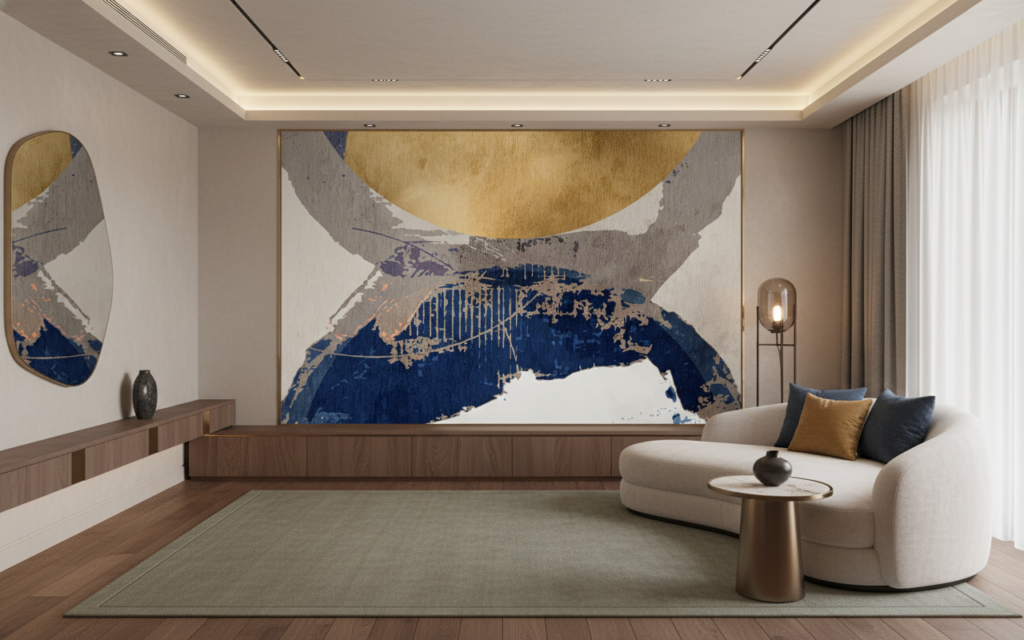 Papier Peint Abstrait Soleil et Vagues en Nuances Dorées et Bleues - Hôtel