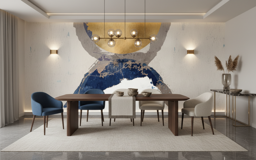 Papier Peint Abstrait Soleil et Vagues en Nuances Dorées et Bleues - Salle à manger