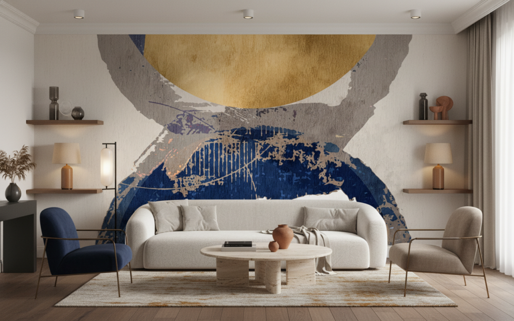 Papier Peint Abstrait Soleil et Vagues en Nuances Dorées et Bleues - Salon / Séjour