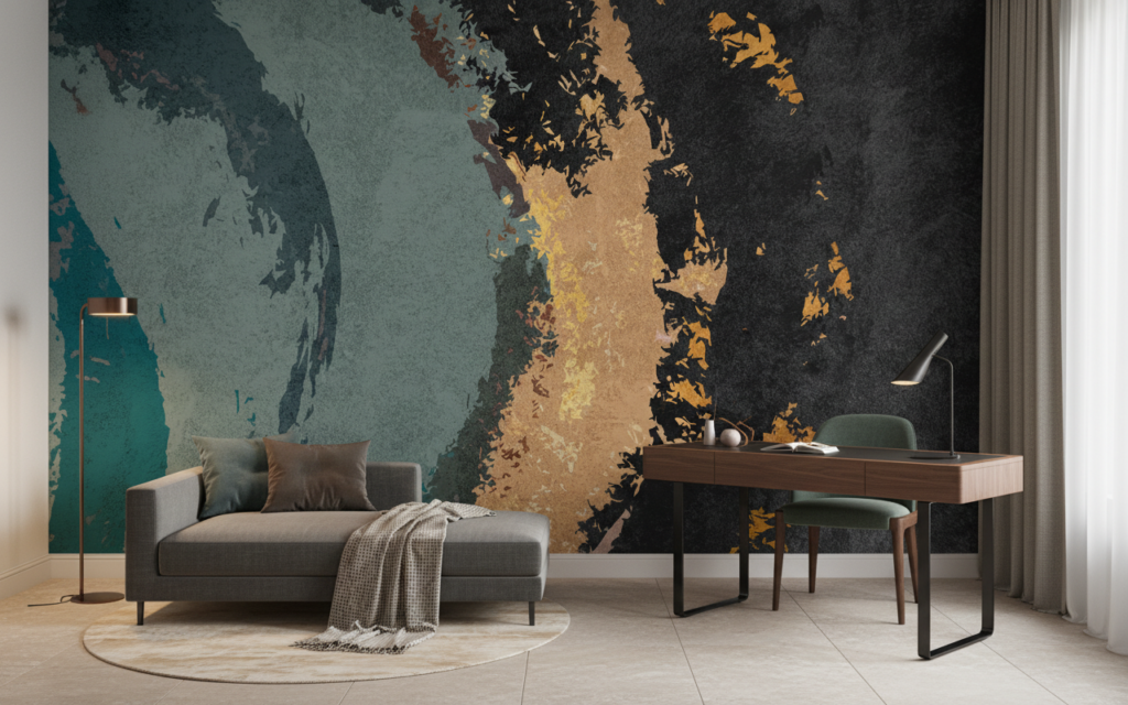 Papier Peint Abstrait Texturé aux Tons Océan et Cuivre - Bureau