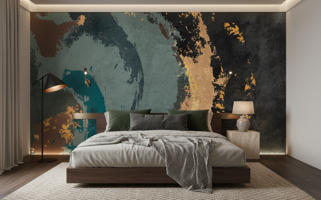 Papier Peint Abstrait Texturé aux Tons Océan et Cuivre - Chambre adulte