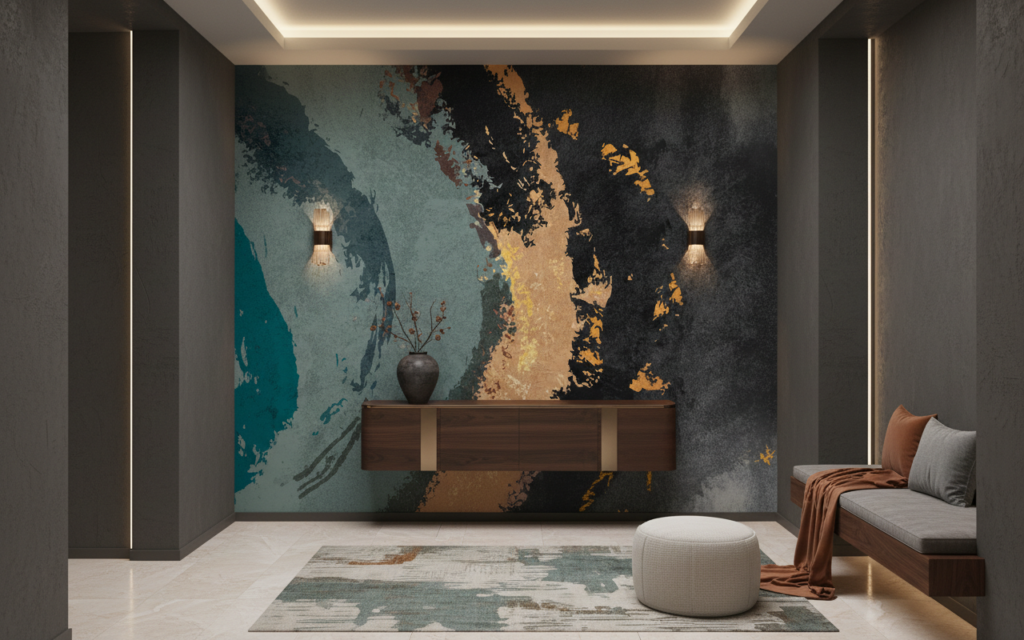 Papier Peint Abstrait Texturé aux Tons Océan et Cuivre - Entrée