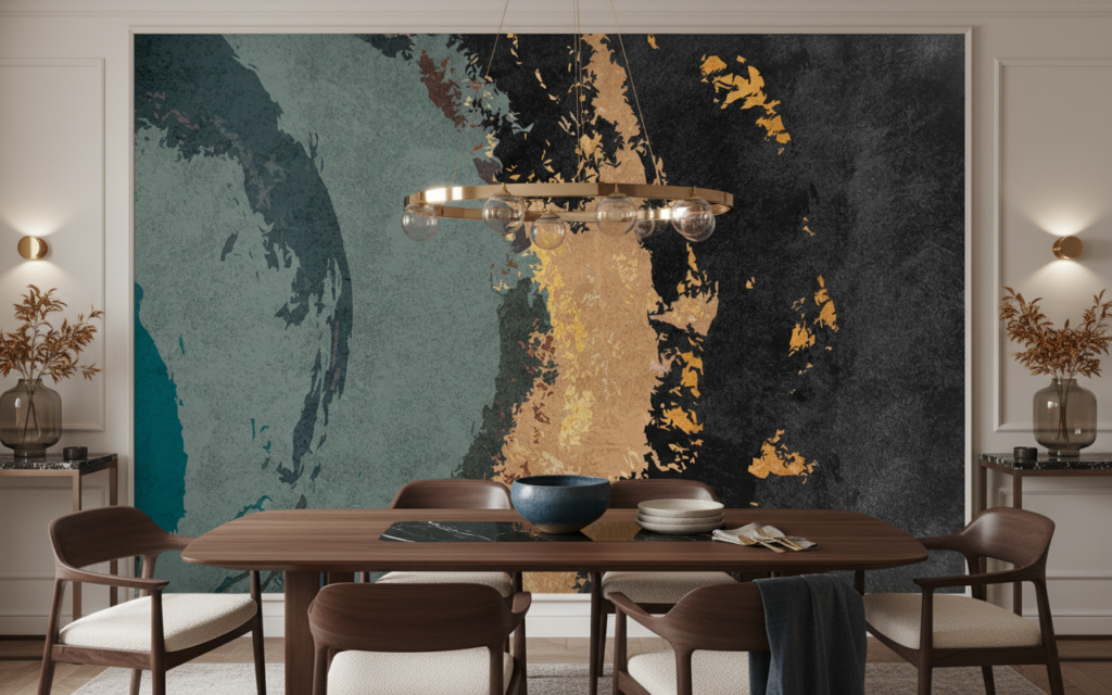 Papier Peint Abstrait Texturé aux Tons Océan et Cuivre - Salle à manger