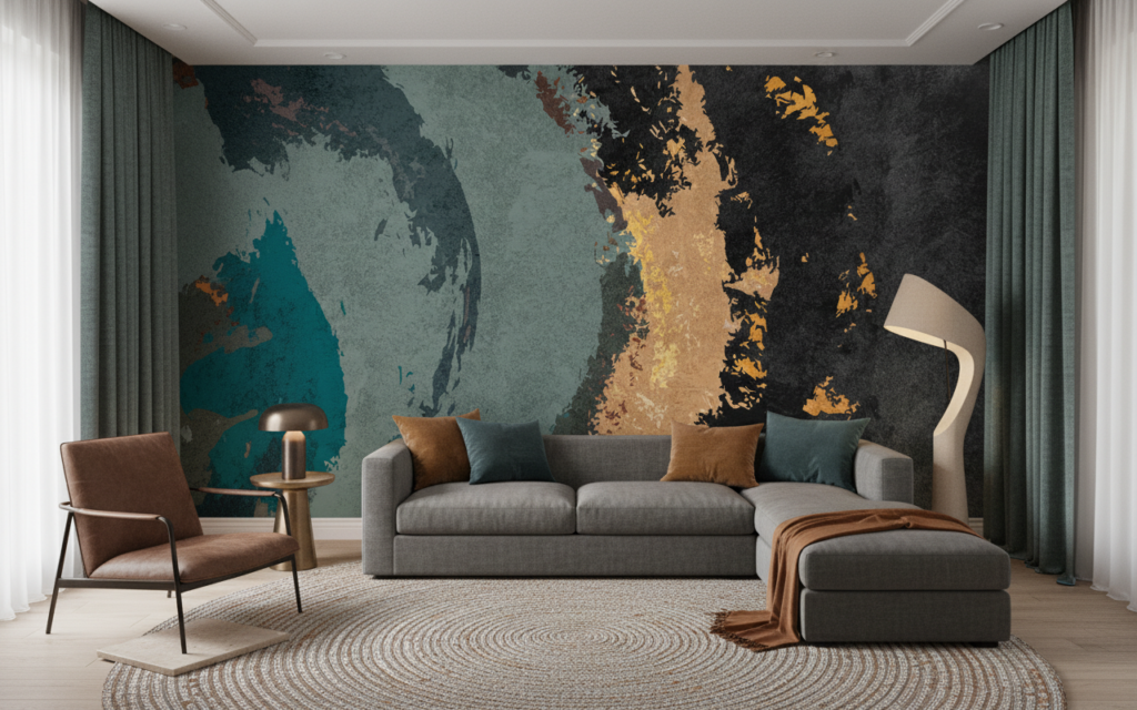 Papier Peint Abstrait Texturé aux Tons Océan et Cuivre - Salon / Séjour